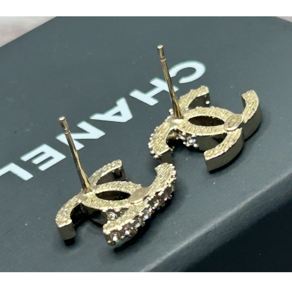 CHANEL Silver CC Rhinestone Accent Pierced Stud Earrings + Box & Bag - Picture 6 of 15